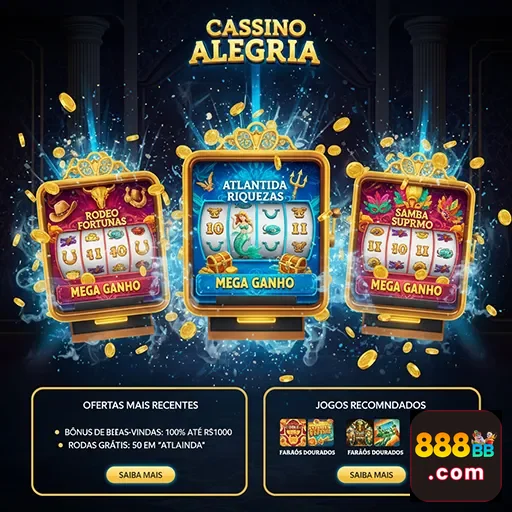 Imagem de máquinas de slot do cassino Alegria no site 888bb, apresentando cores vibrantes e símbolos de sorte.